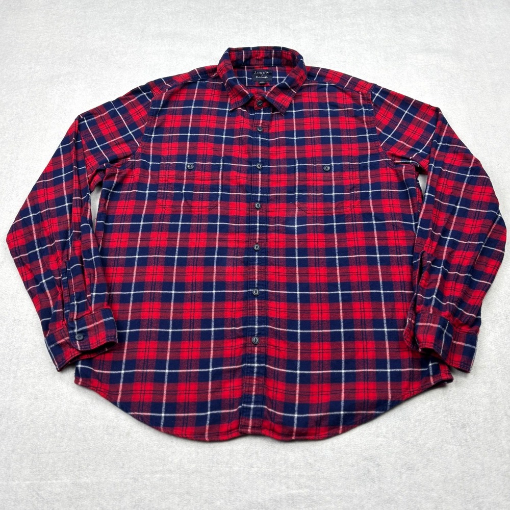 J Crew Flannel Shirt Mens XL Red Navy Plaid Cotton Long Sleeve Button Down AC552